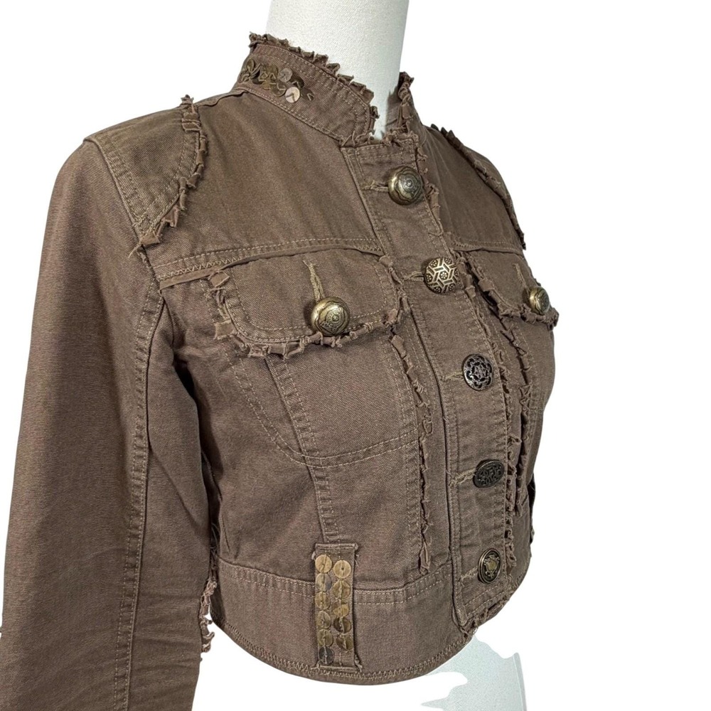 BCBG Generation Cropped Military Jacket Taupe‎ Frayed Trim Coin Embellished S